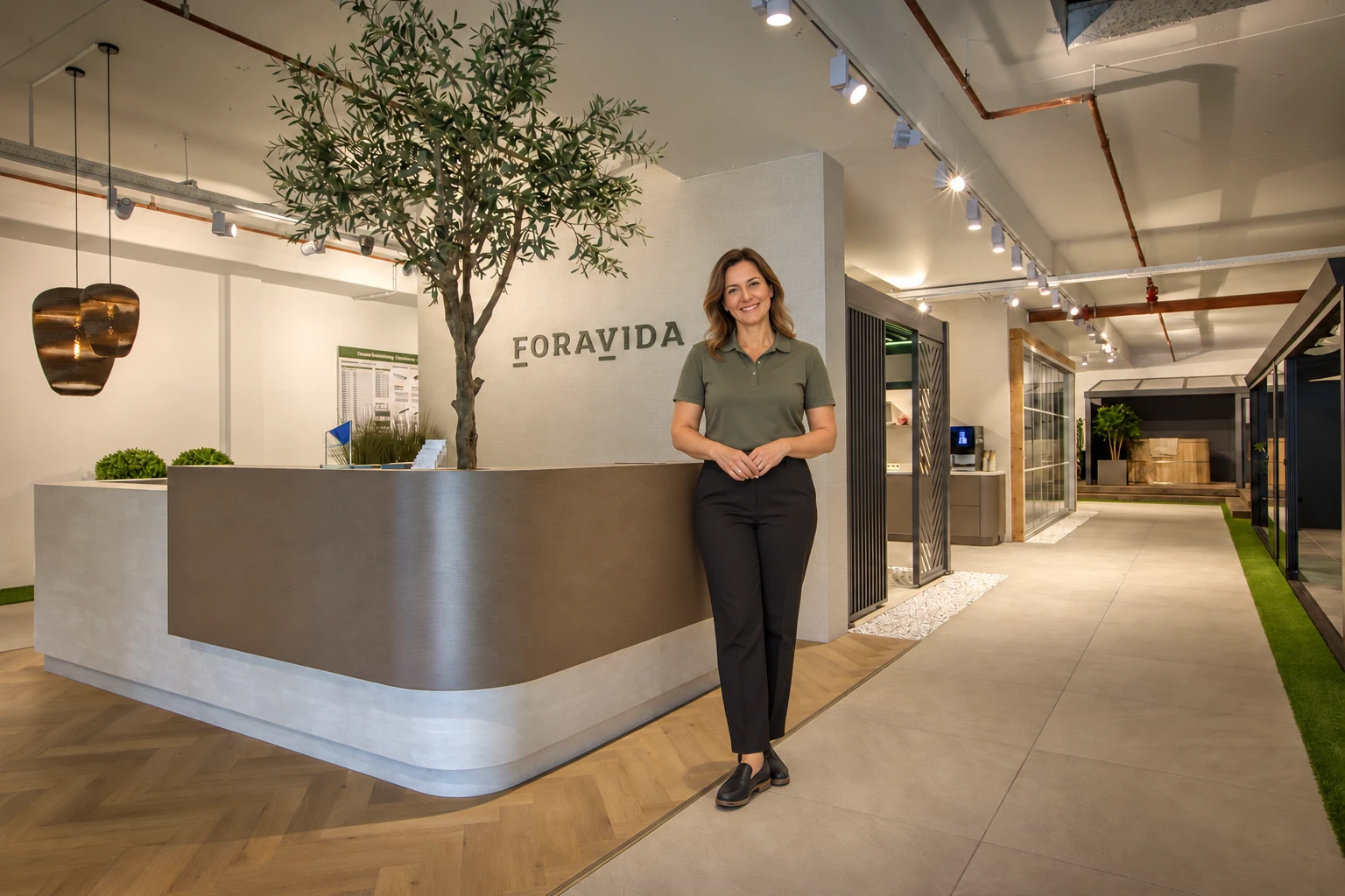Sfeerbeeld van de showroom in Venlo met een AI-gegenereerde showroomhost