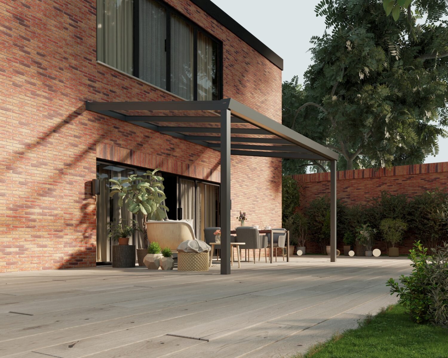 Voorbeeld van een antracietkleurige terrasoverkapping met glazen dak