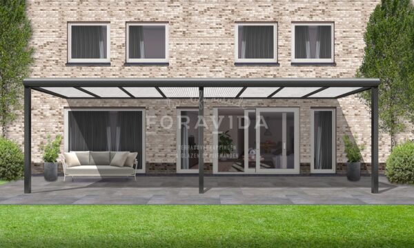 Terrasoverkapping 8m antraciet polycarbonaat dak