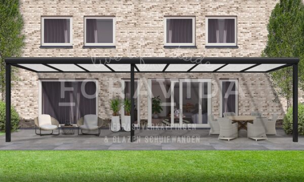 Terrasoverkapping 9m mat zwart polycarbonaat dak