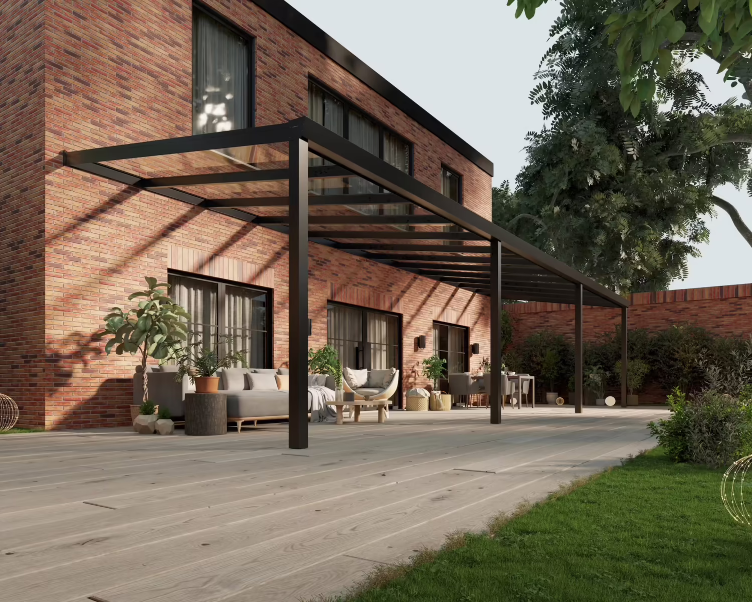 terrasoverkapping-glazen-dak-12x3,5m-matzwart-helder-modern25_BottomLeftPerspective