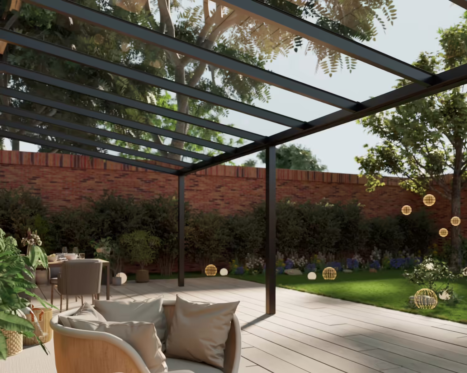 Terrasoverkapping 12 meter breed met glazen dak