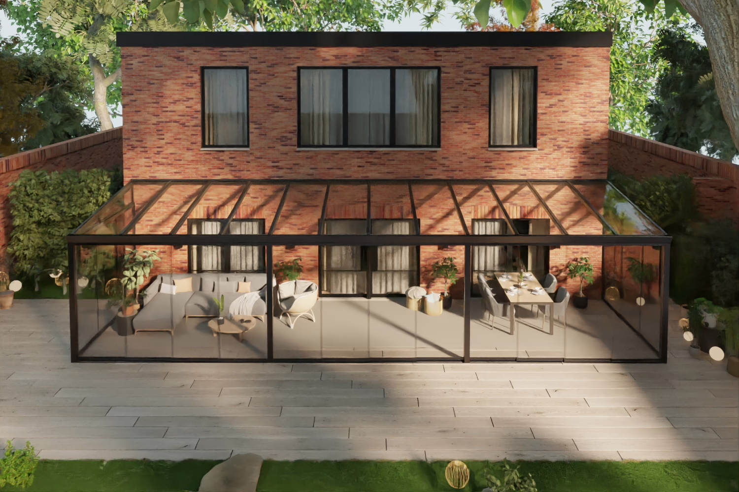 Serre aan huis met glazen schuifwanden