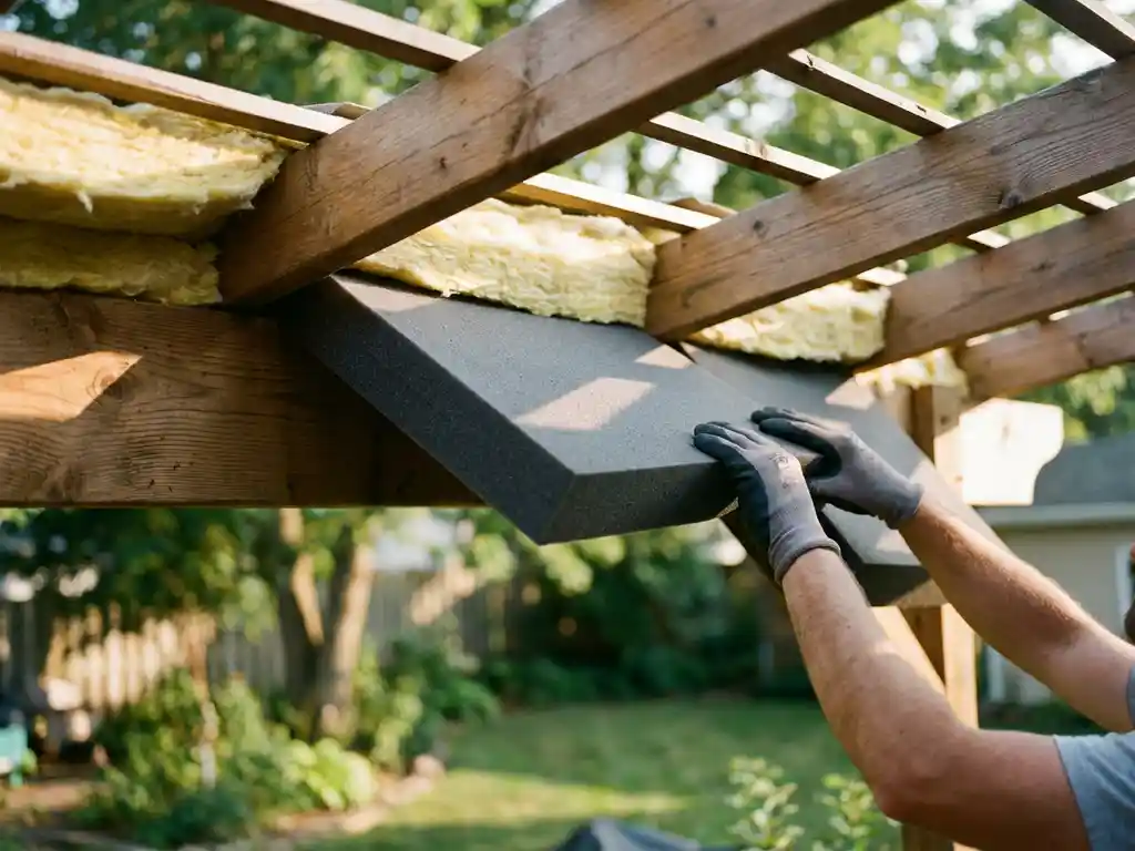 Handen installeren grijze akoestische panelen op houten pergola met isolatiemateriaal in achtertuin
