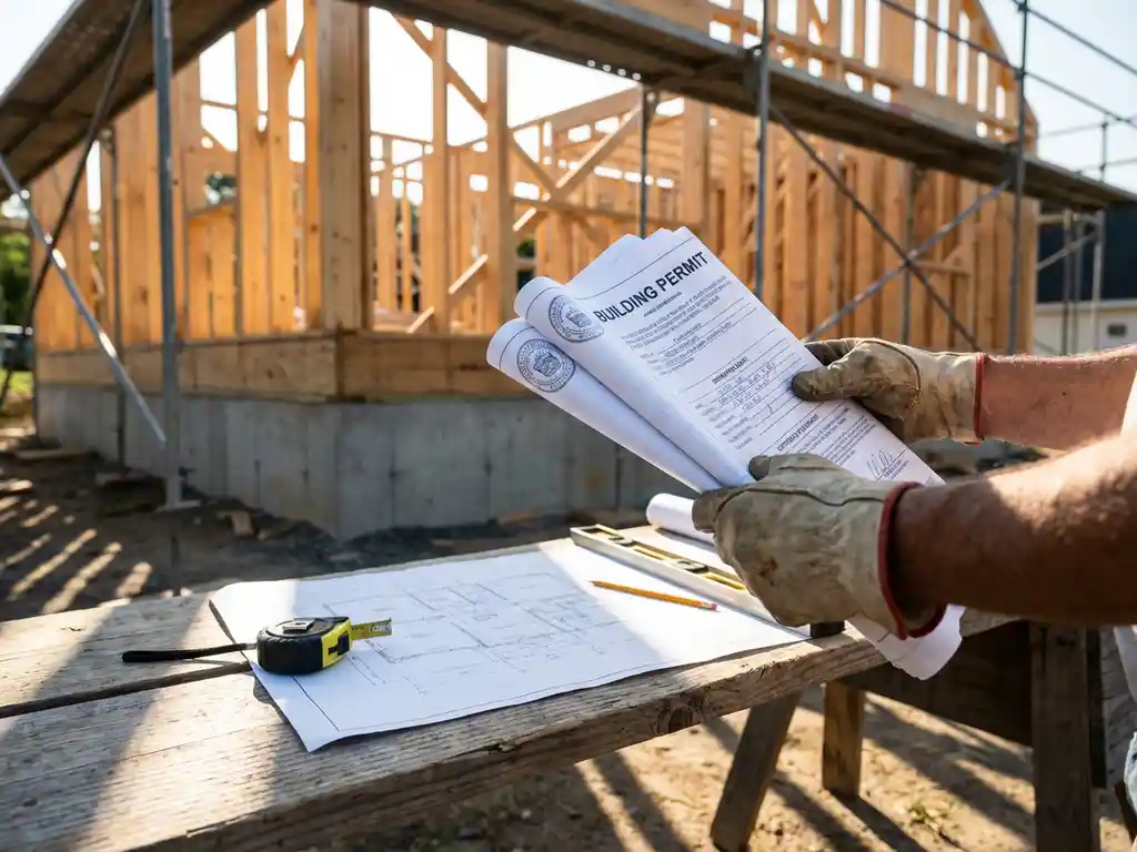 Bouwvakker houdt bouwvergunning vast bij moderne huisuitbreiding in aanbouw met gereedschap op werkbank