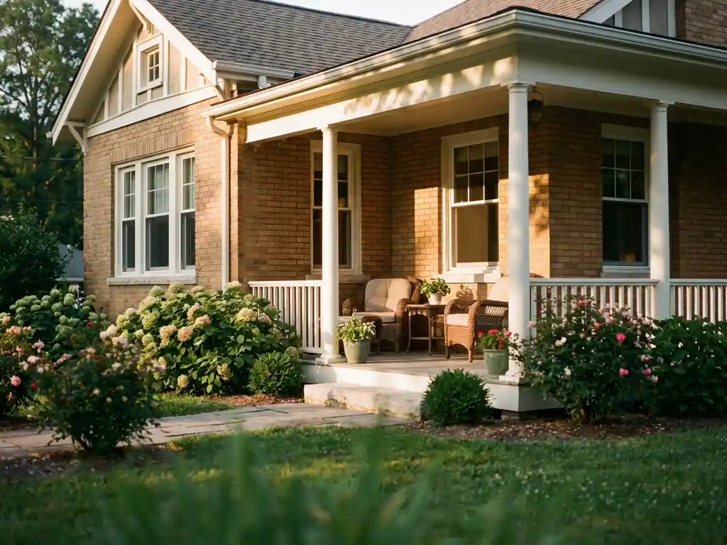 Eenlaagse bungalow met bakstenen gevel en overdekte veranda met witte zuilen, omgeven door groene tuinbeplanting