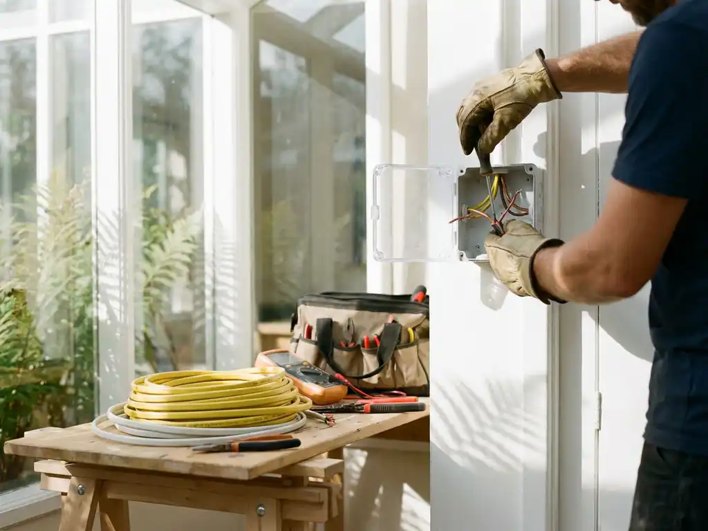 Elektricien verbindt draden in elektrische verdeelkast op witte muur, gele kabels op werkbank in glazen veranda