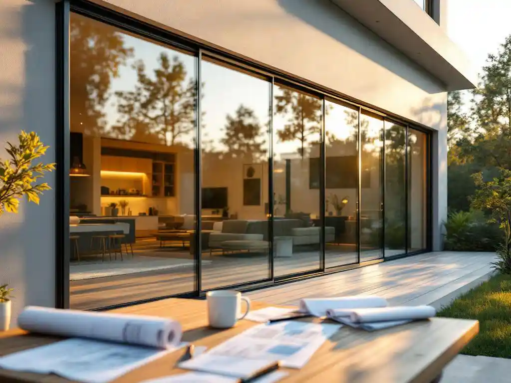 Moderne glazen schuifwand in aluminium overkapping