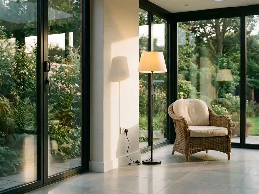 Moderne glazen veranda met witte stopcontacten, vloerlamp en rieten stoel, tuinzicht door grote ramen