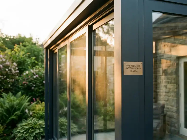 Moderne glazen veranda met stalen frame en veiligheidscertificaat, gouden zonlicht, groene tuin op achtergrond