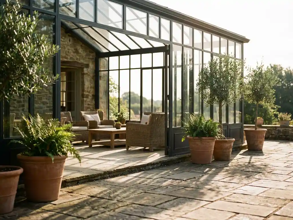 Moderne glazen veranda die naadloos aansluit op stenen patio met tuinmeubels en planten in warm middaglicht