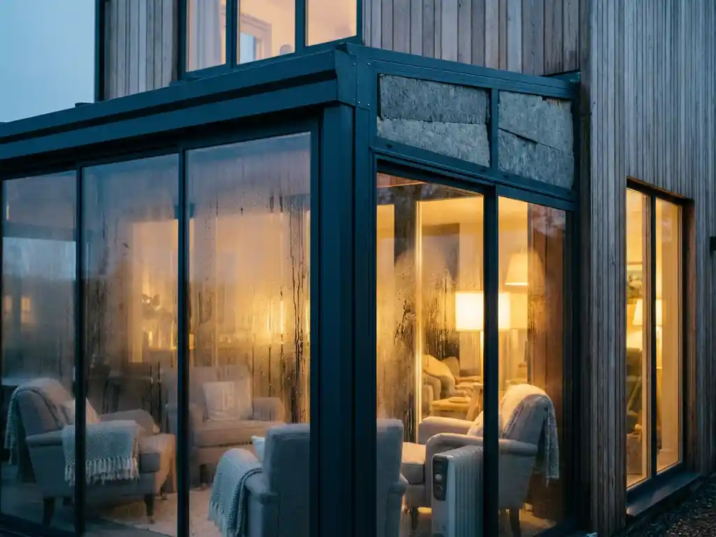 Moderne glazen veranda met thermische isolatie bevestigd aan eigentijds huis, warme verlichting binnen contrasteert met koele avondlucht