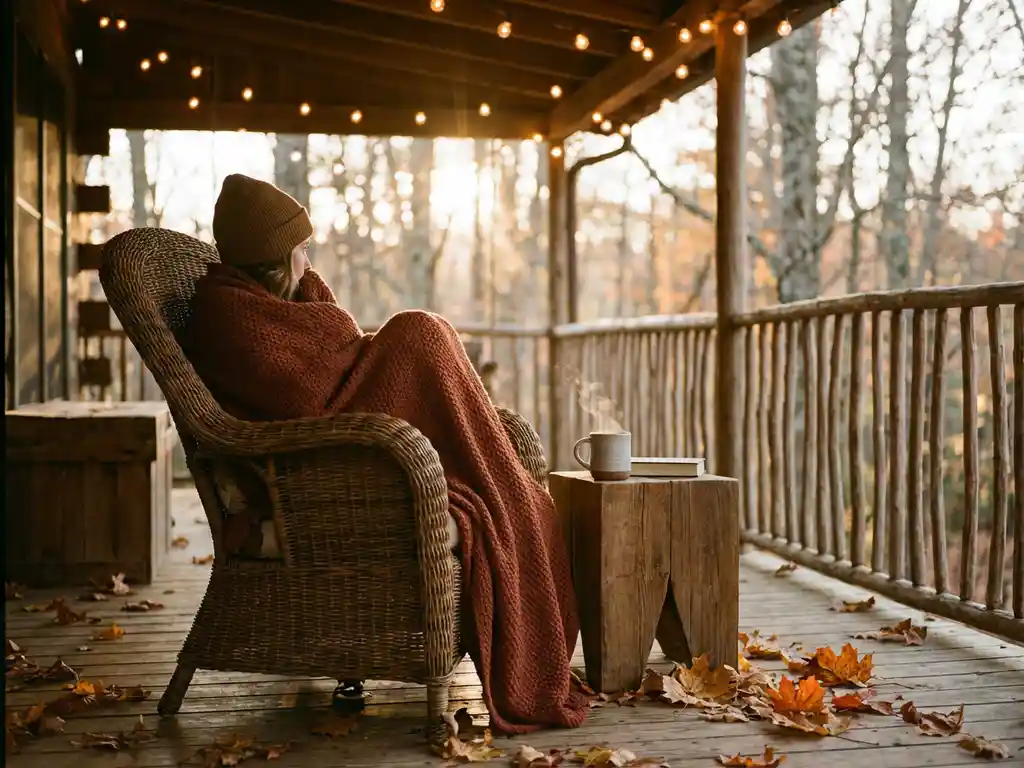 Persoon in gebreide deken op herfstveranda met koffie, gevallen bladeren en warme sfeerverlichting
