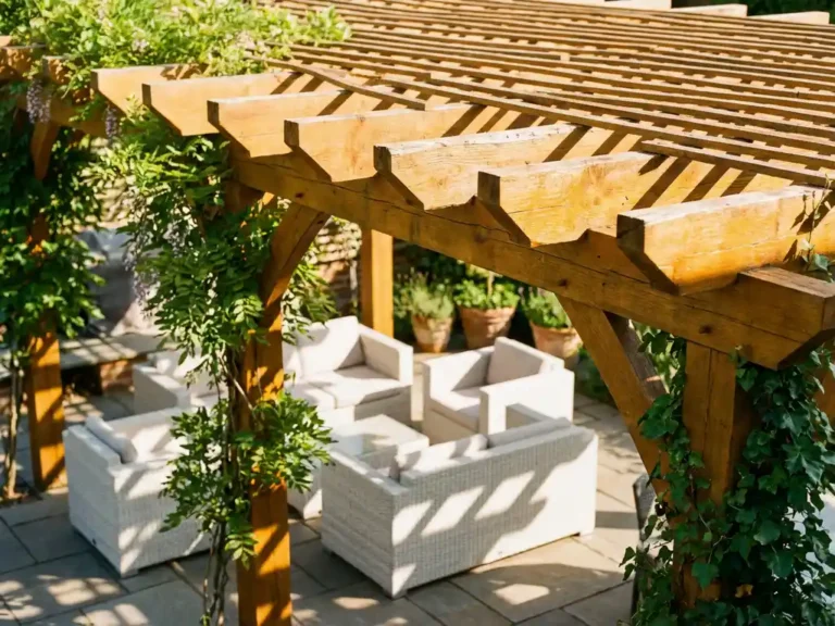 Houten pergola met natuurlijke balken werpt geometrische schaduwen op modern terras met witte tuinmeubelen en groene klimplanten