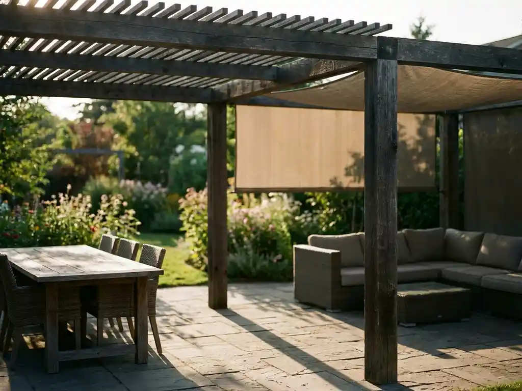 Moderne houten pergola met geometrische schaduwen over buiteneethoek, tuinmeubilair in gefilterd zonlicht