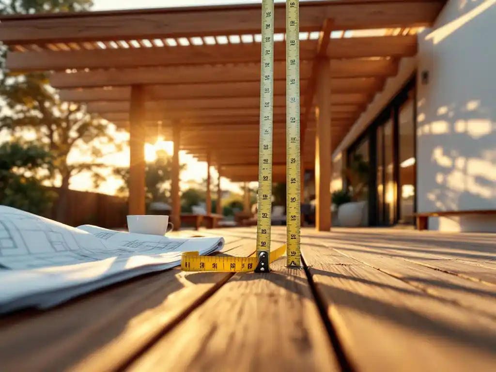 Terras overkapping met meetlint en blauwdrukken voor dakhelling berekening