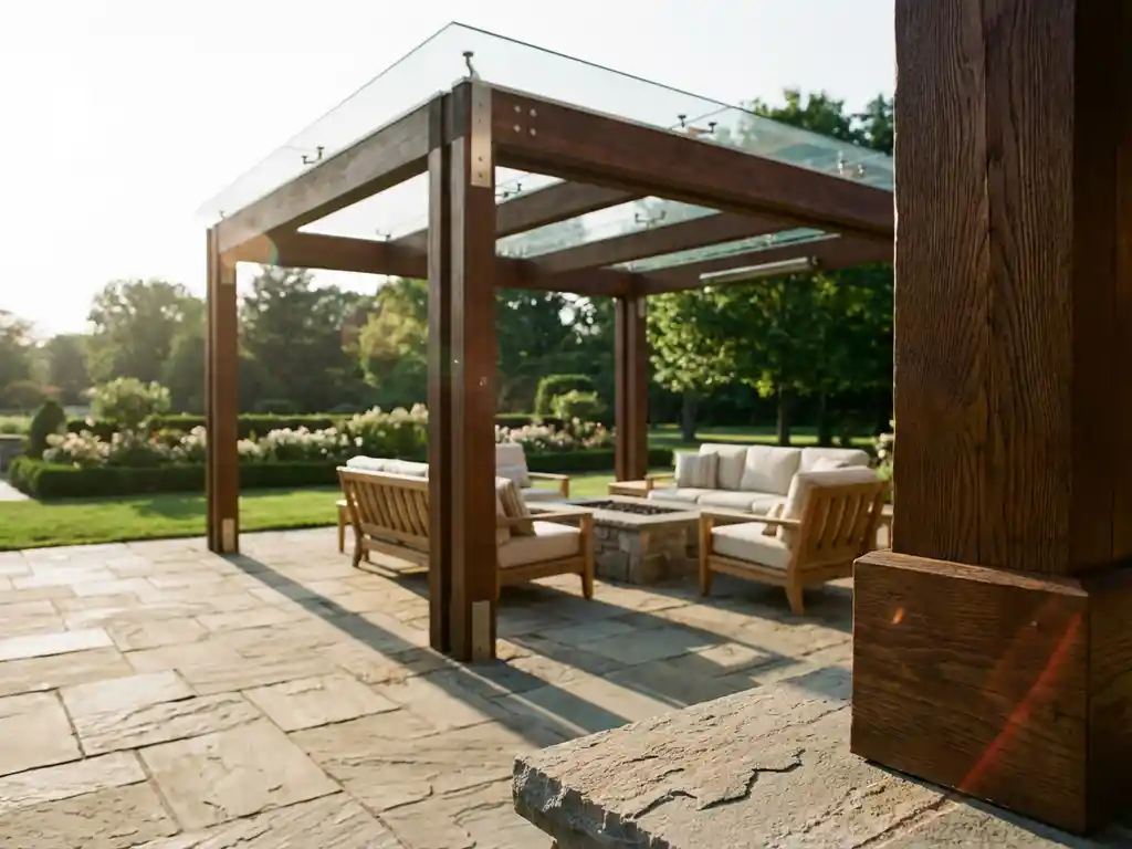 Luxe moderne pergola met hardhouten balken en glazen panelen op stenen terras met tuinmeubilair in gouden zonlicht