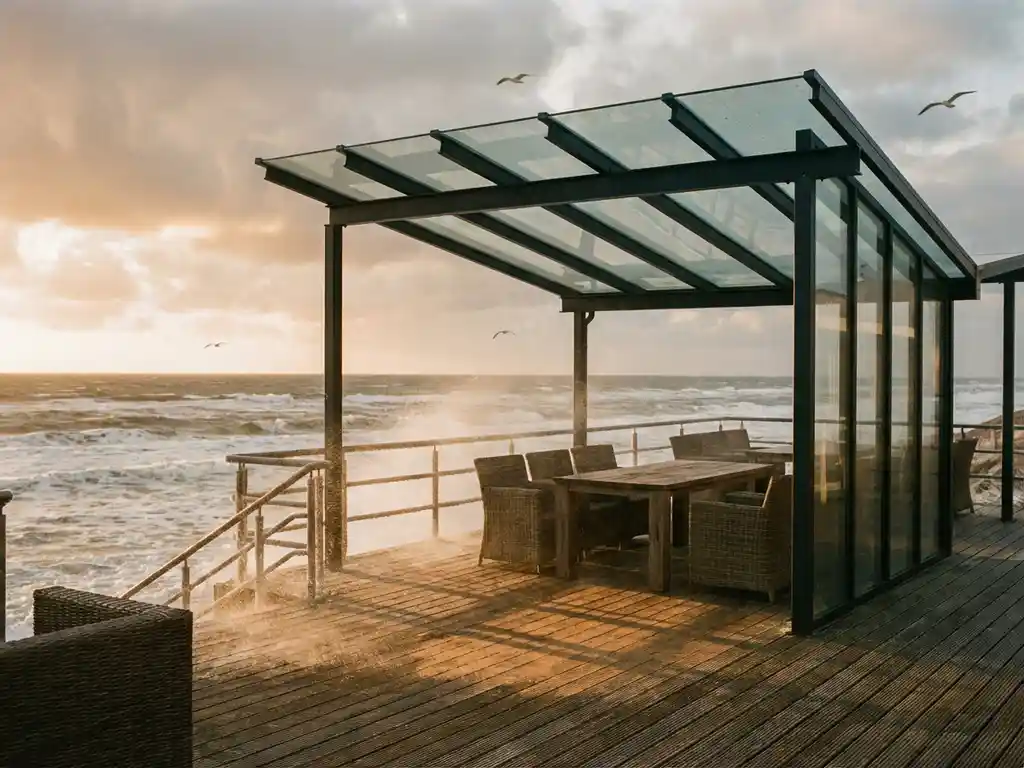 Moderne glazen pergola op houten terras aan zee met gouden avondlicht en meeuwen in de lucht