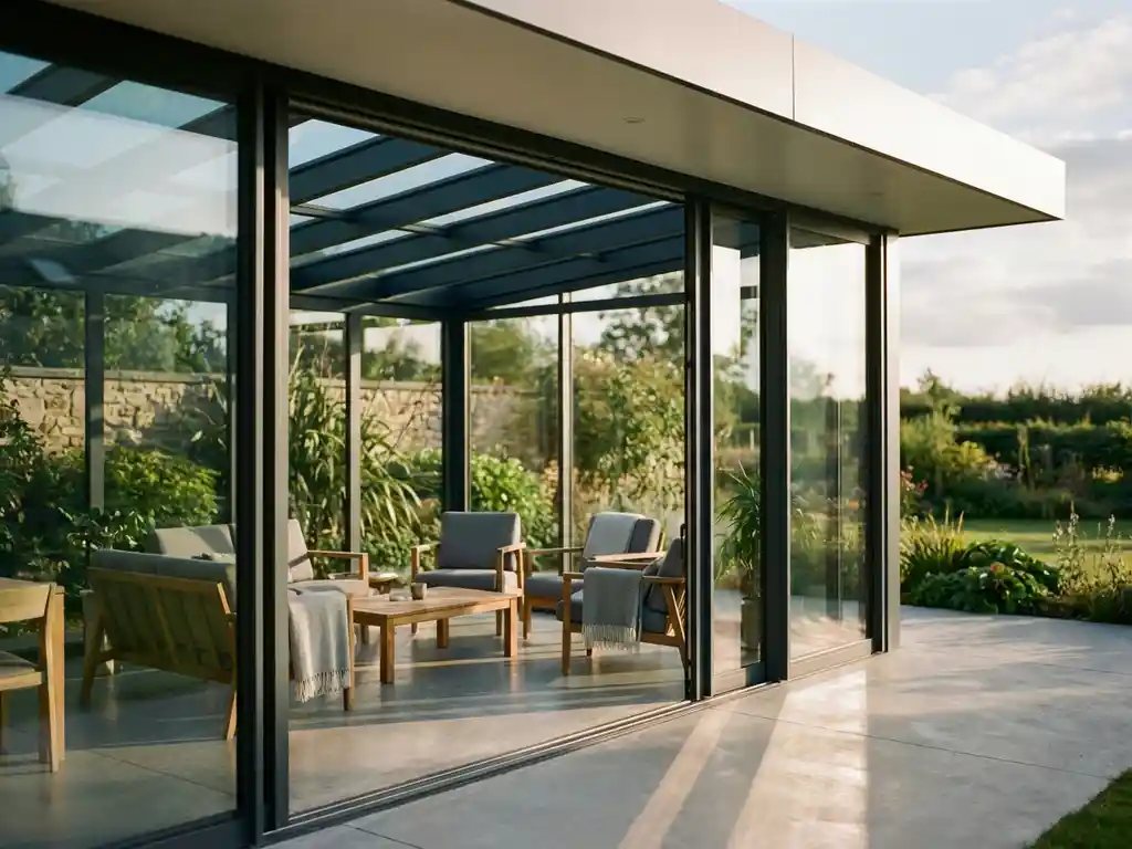 Moderne glazen veranda met aluminium frame en plat dak, tuinmeubilair onder transparant plafond, zonlicht creëert schaduwen