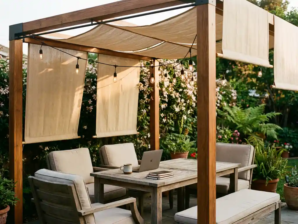 Moderne houten pergola met intrekbare doekpanelen als buiteneetkamer en werkruimte, laptop op tafel, sfeerverlichting
