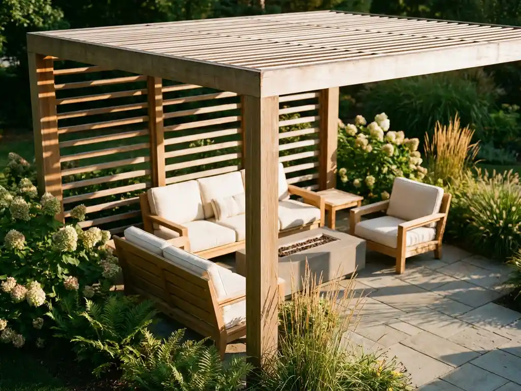 Moderne houten pergola met horizontale latten werpt schaduwen op stenen terras met tuinmeubilair en groene planten
