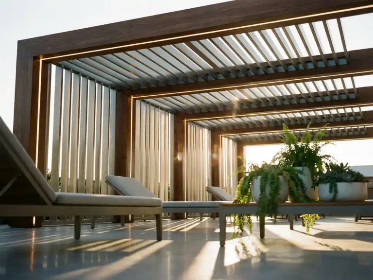 Moderne pergola met LED-verlichting op eigentijds terras met minimalistische meubels en groene planten in gouden zonlicht