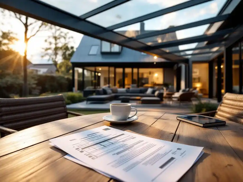 Moderne terrasoverkapping in achtertuin met bouwvergunning informatie