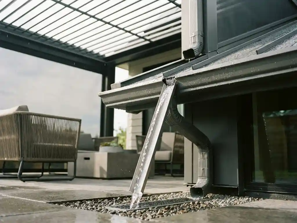 Moderne veranda met aluminium dakgoten die regenwater efficiënt afvoeren, waterdruppels glinsteren op metalen oppervlak