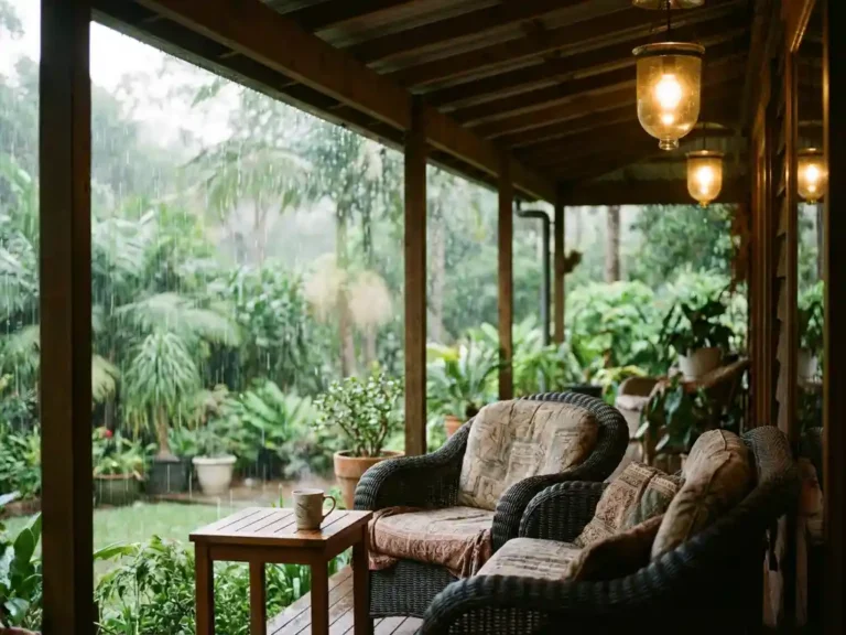 Gezellige overdekte veranda met rieten meubels en kussens, regen valt buiten de overkapping, koffie op bijzettafel