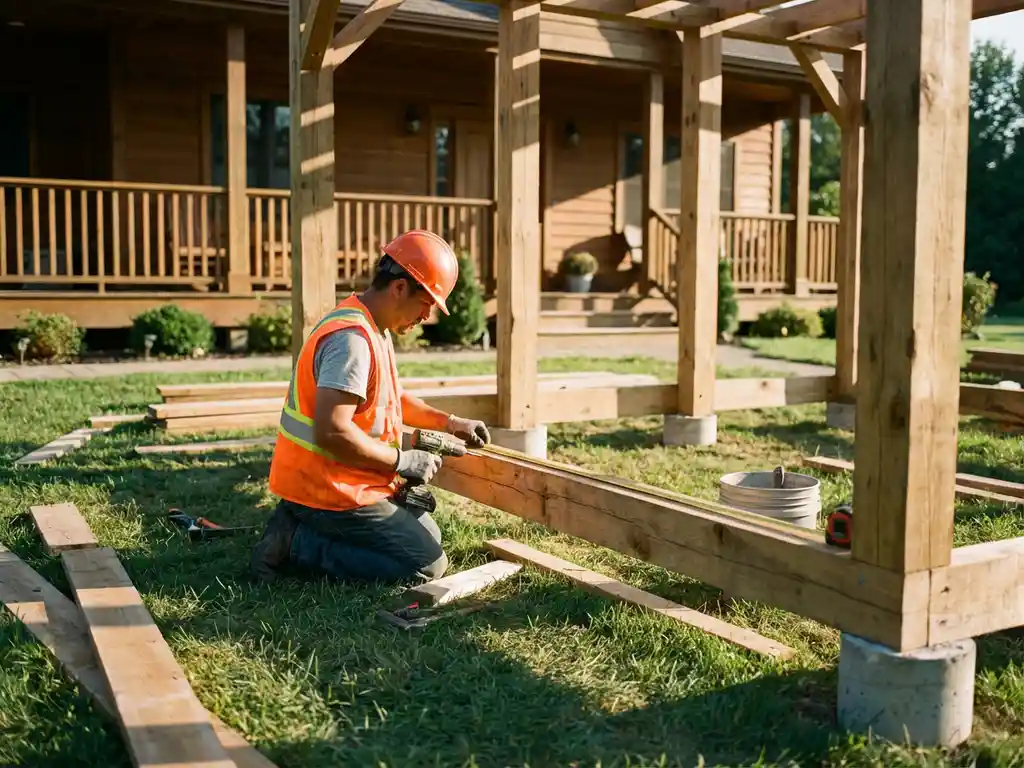 Bouwvakker in veiligheidskledij plaatst houten balken voor pergola frame in achtertuin met gereedschap en materialen