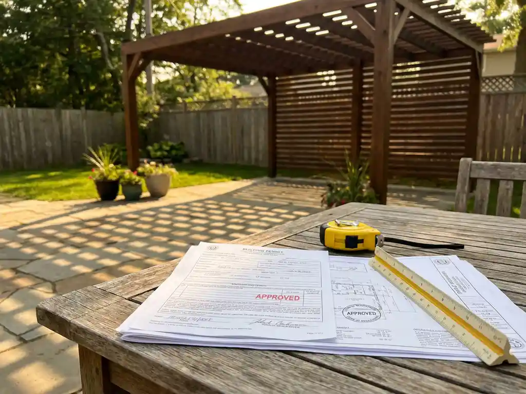 Bouwvergunningsdocumenten op houten tafel met moderne pergola op achtergrond in residentiële tuin