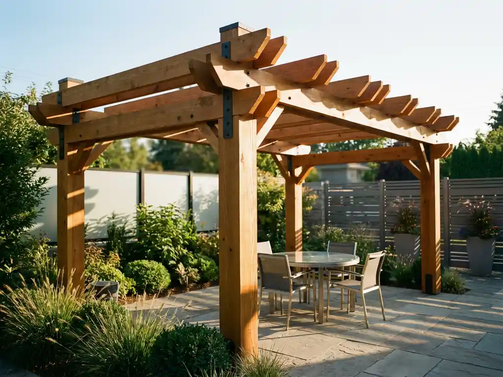 Houten pergola met dikke cederbalken en metalen beugels boven glazen tuintafel in moderne tuin met groene beplanting