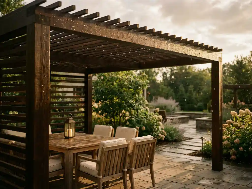 Houten pergola beschermt tuinmeubilair tegen regen, druppels vallen van lattenwerk terwijl stoelen droog blijven