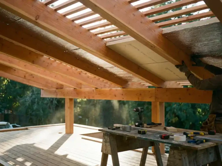 Houten pergola met isolatiepanelen tussen dakbalken, gereedschap op werkbank, warme middagzon creëert schaduwen