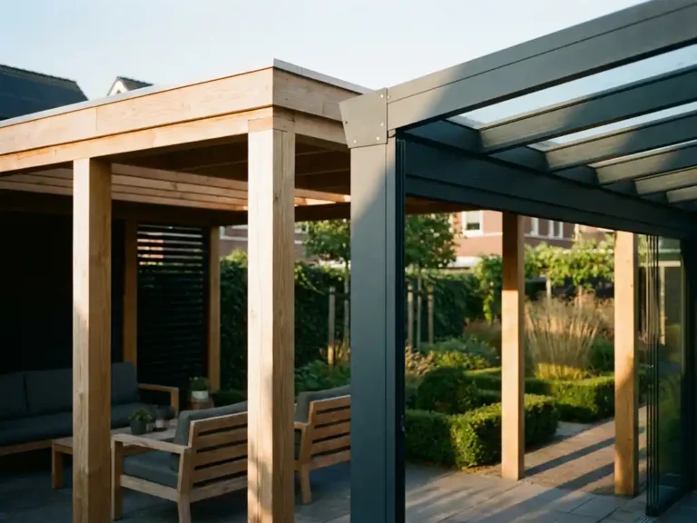 Moderne Nederlandse achtertuin met houten pergola en aluminium overkapping met glazen panelen in gouden uurtje