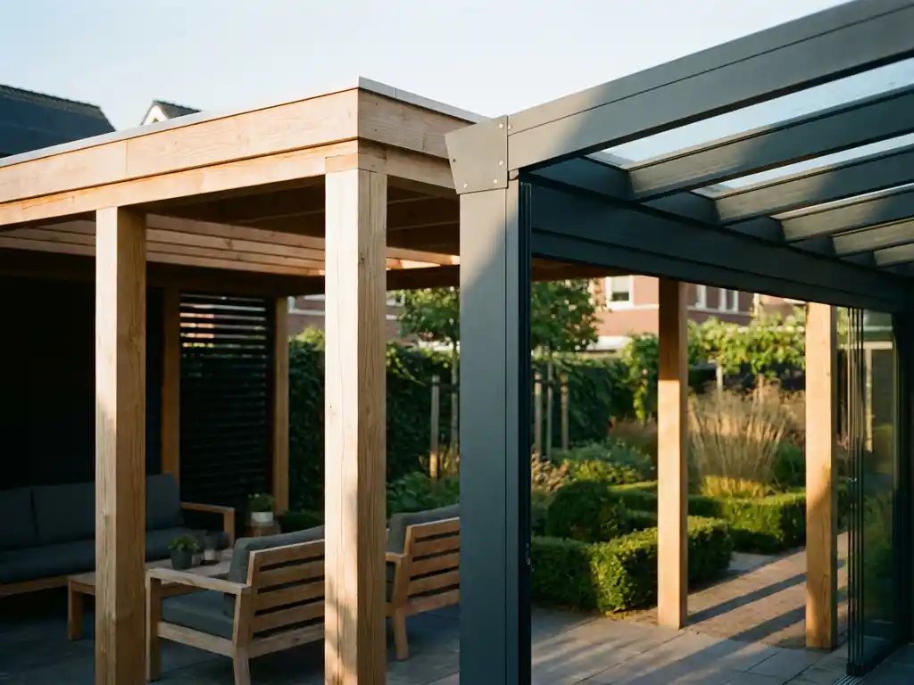 Moderne Nederlandse achtertuin met houten pergola en aluminium overkapping met glazen panelen in gouden uurtje