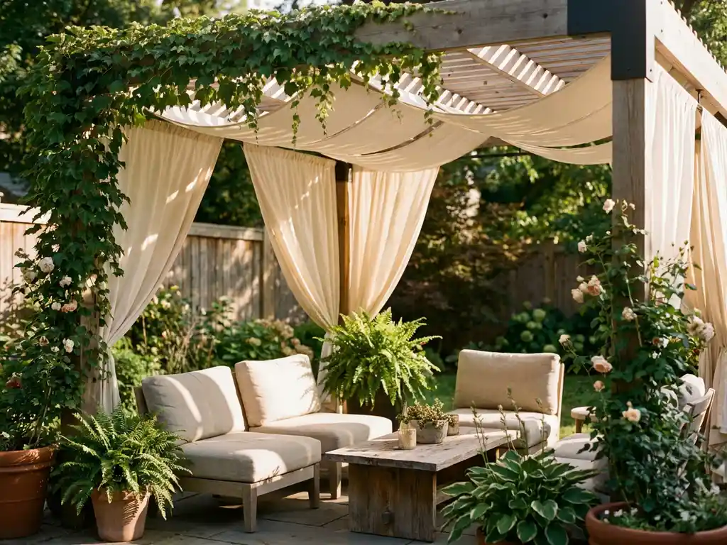 Gezellig buitenterras met houten pergola, klimmende klimop, comfortabele loungemeubilair en natuurlijke privacy in tuin