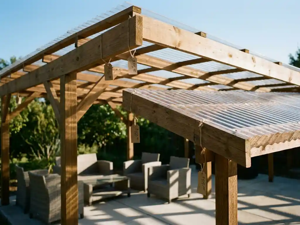 Houten pergola met transparante polycarbonaat dakpanelen en prijslabels, moderne patio met tuinmeubelen eronder