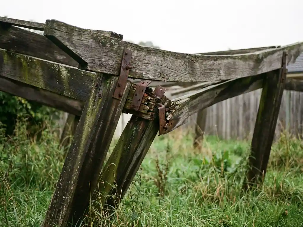 Verweerde houten pergola met hangende balk en losse bevestigingen in achtertuin met overgroeid gras