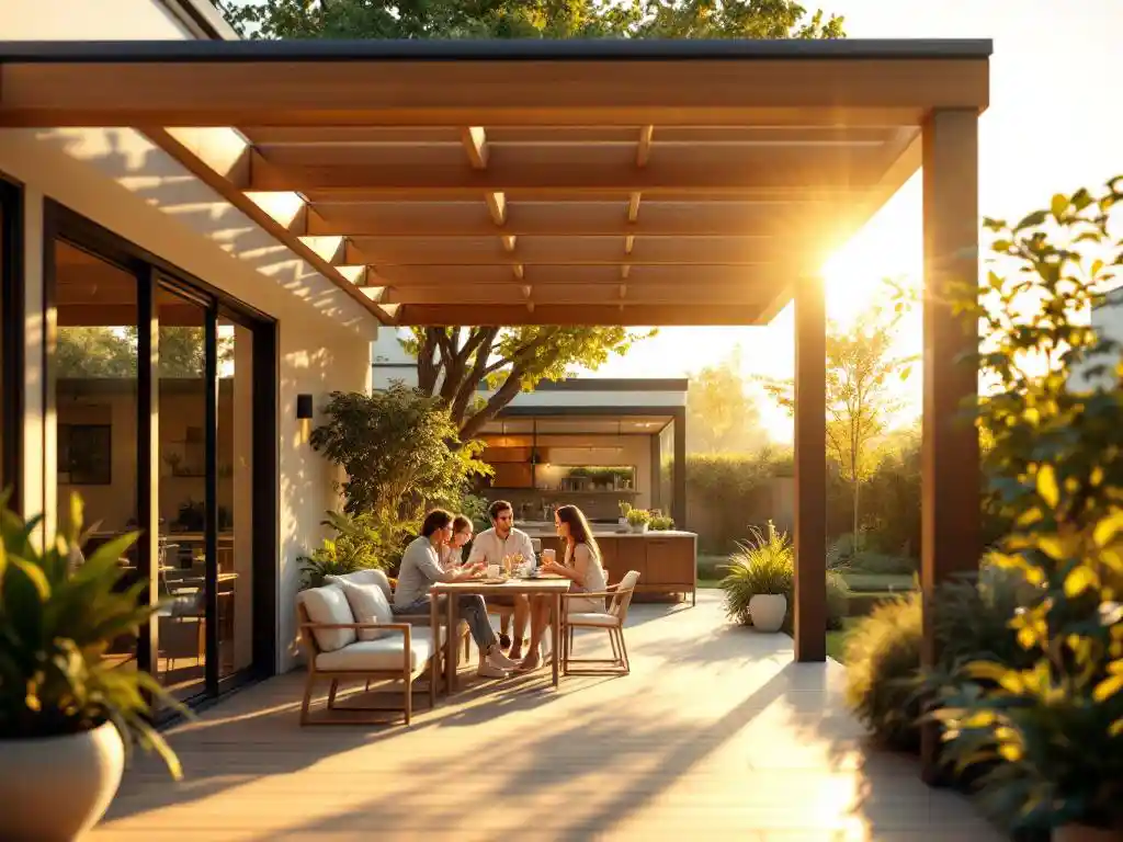 Vrijstaande overkapping in moderne tuin met gezin op het terras