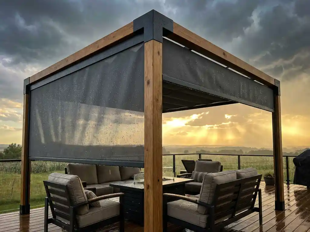 Moderne pergola met uitschuifbare waterdichte overkapping boven houten terras tijdens Nederlandse regenbui met tuinmeubilair