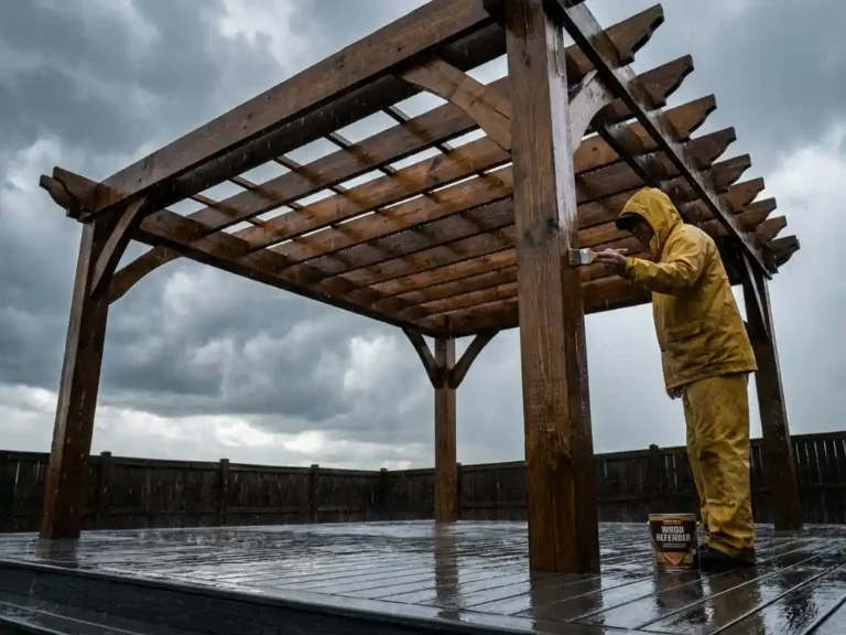 Houten pergola in zware regen met persoon die houtbeits aanbrengt, waterdruppels rollen van behandelde balken af