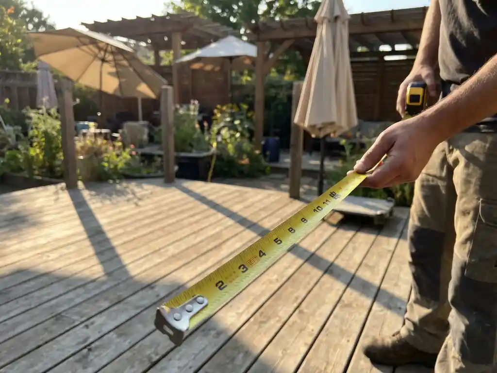 Persoon meet houten terras met meetlint, parasols en pergola's op achtergrond in zonnige tuin