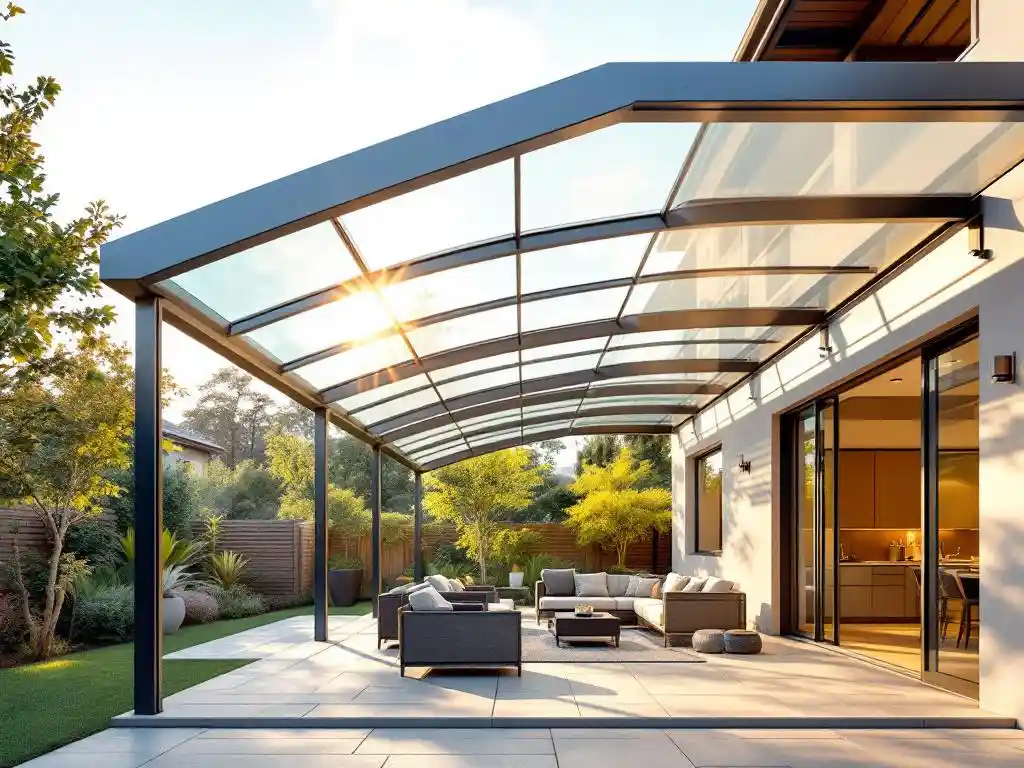 Aluminium terrasoverkapping met glazen dak op moderne patio