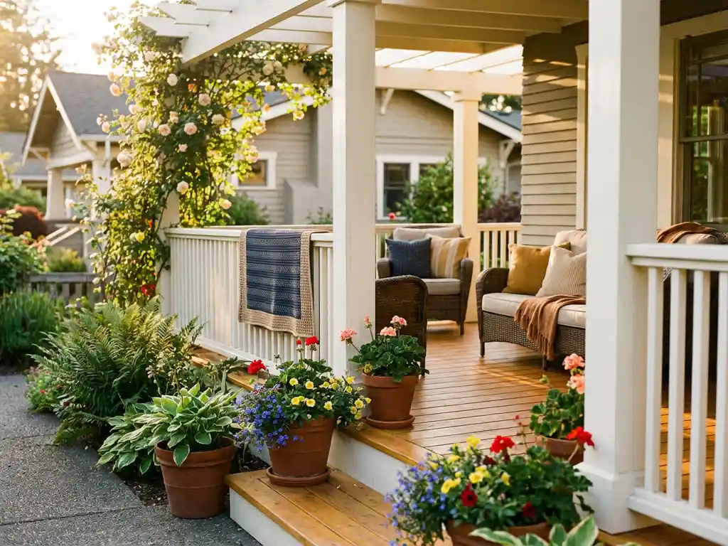 Overdekte veranda met houten planken, witte zuilen, terracotta plantenbakken en kleurrijke kussens op rieten meubilair