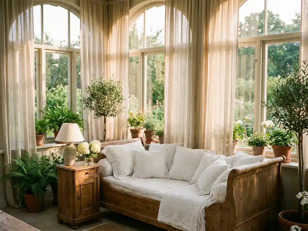 Gezellige veranda met wit daybed, zachte kussens, houten nachtkastje, sheergordijnen en groene planten in gouden zonlicht