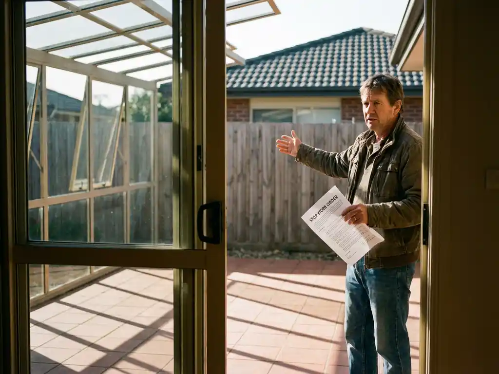Huiseigenaar met documenten bij achterdeur kijkend naar gedeeltelijk gebouwde glazen veranda in achtertuin