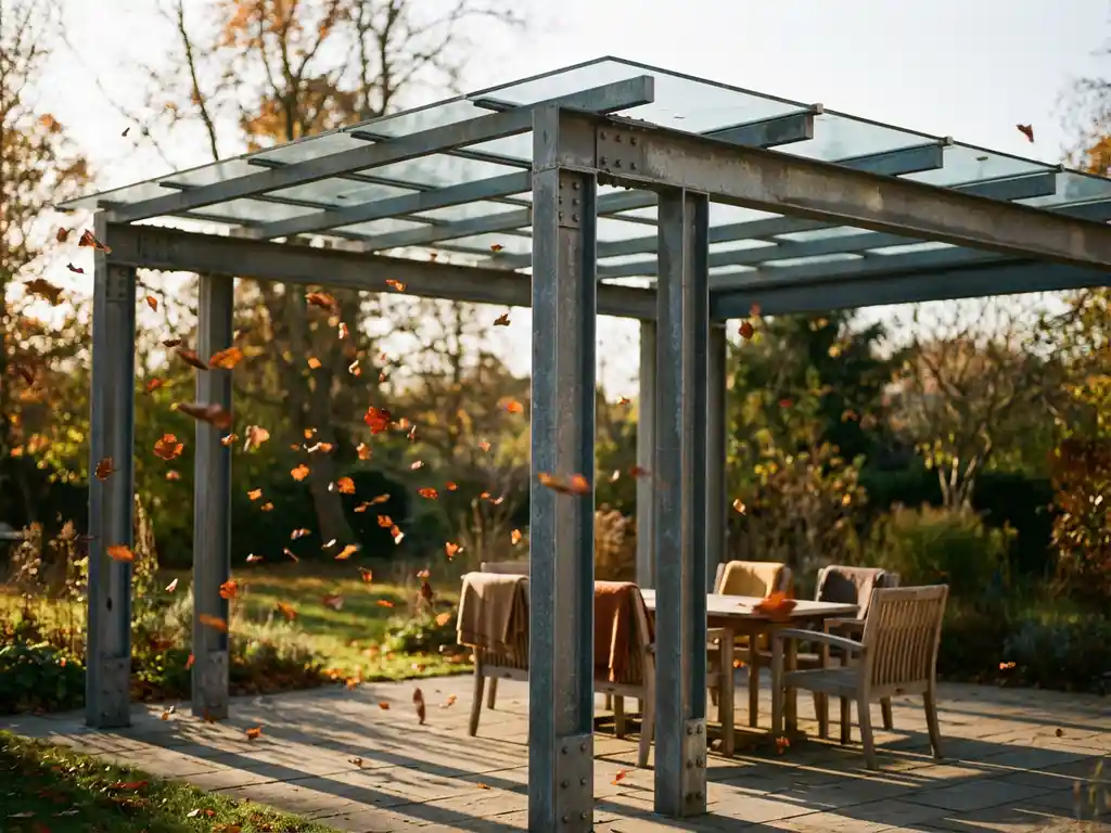 Moderne stalen pergola met glazen dak weerstaat wind in herfsttuin, houten tuinmeubelen veilig eronder