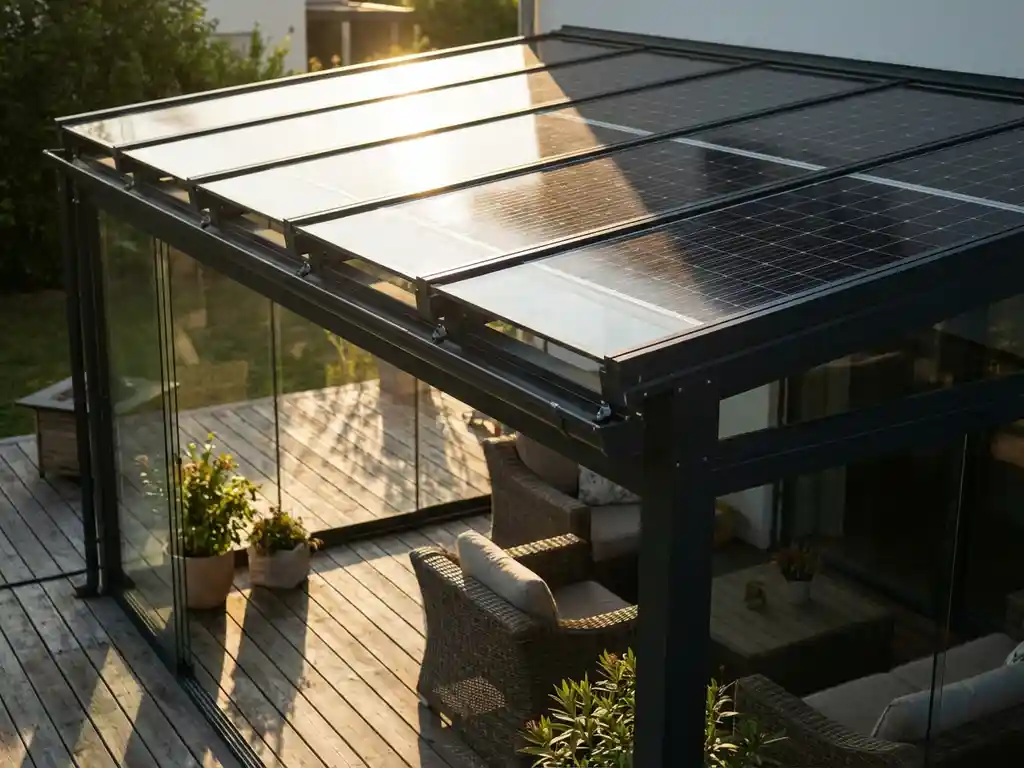 Moderne glazen veranda met geïntegreerde zonnepanelen in transparant dak, houten terras en zithoek eronder