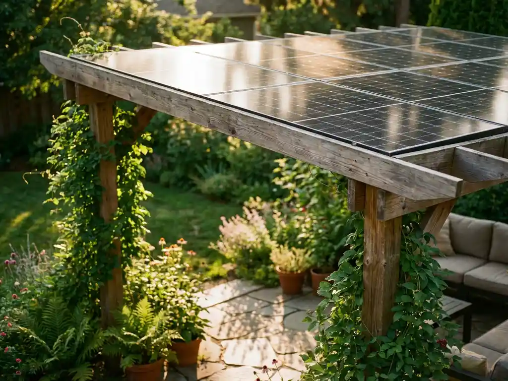 Moderne eco-vriendelijke pergola met geïntegreerde zonnepanelen, klimplanten en natuurlijke verlichting op stenen terras